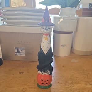 Whimsical Halloween Cat with Pumpkin and Witch Hat